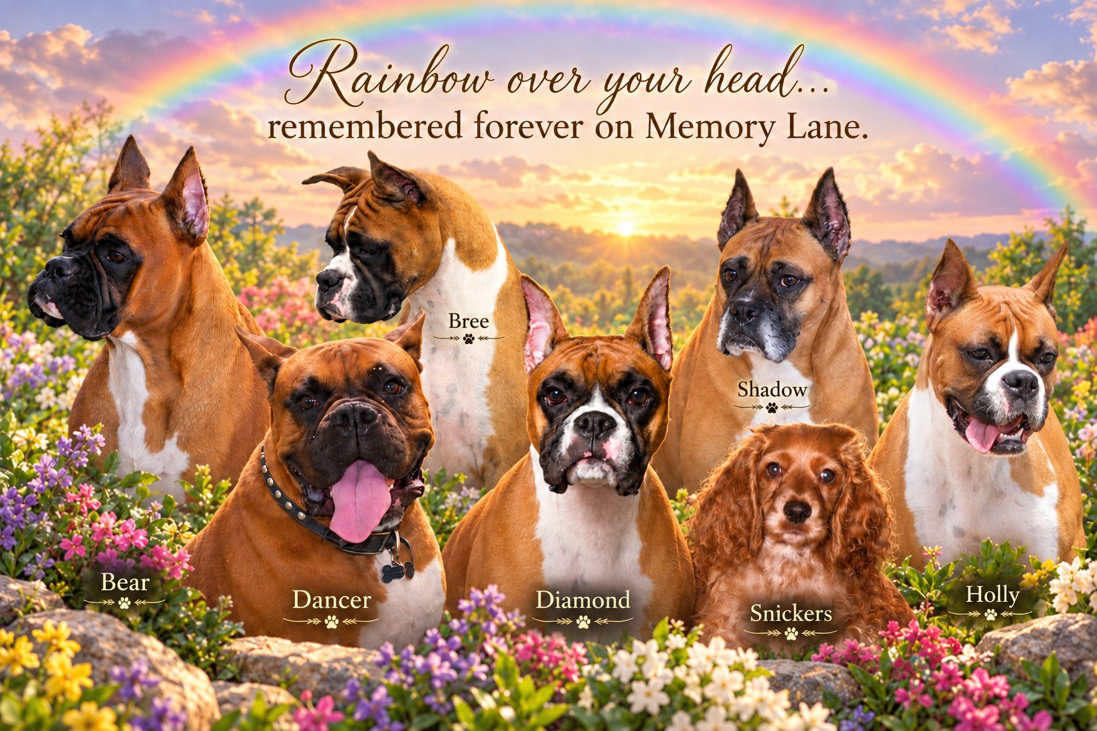 Rainbow Bridge memorial artwork — Bear, Dancer, Diamond, Snickers, Holly, Bree, and Shadow beneath a rainbow: 'Rainbow over your head… remembered forever on Memory Lane.'