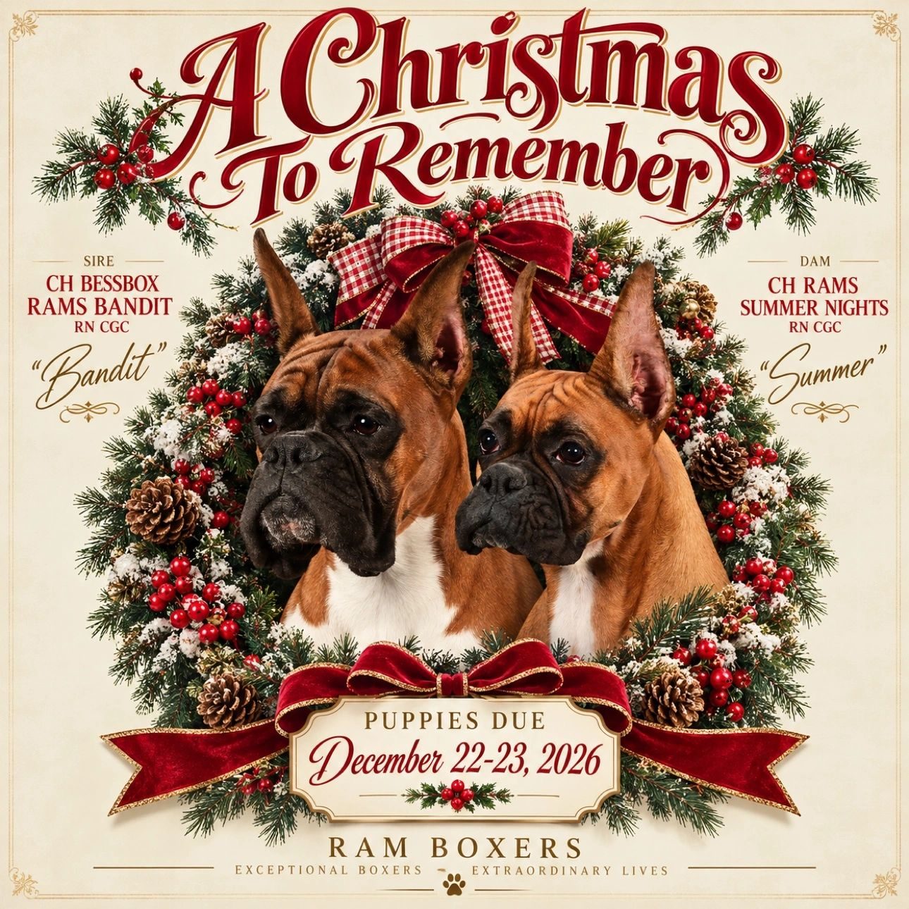 &lsquo;A Christmas to Remember&rsquo; nursery artwork: champion Boxers Bandit and Summer framed in a snowy evergreen wreath with red velvet bows, holly berries and pinecones. Puppies due December 22&ndash;23, 2026.